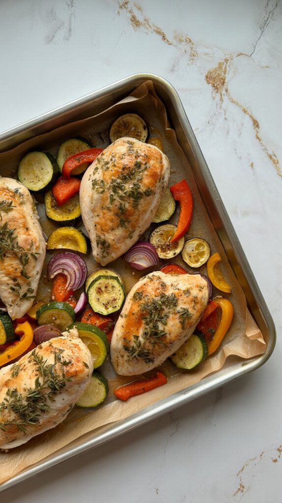 Chicken marsala with golden chicken cutlets and mushrooms in sauce, served in a stainless skillet on a white quartz countertop with grey and gold veining.
