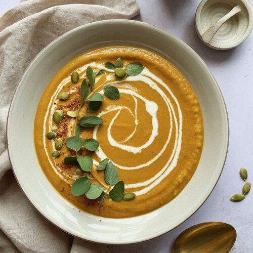 top view of a bowl of Silky Gingered Kabocha Squash Soup garnished with kale