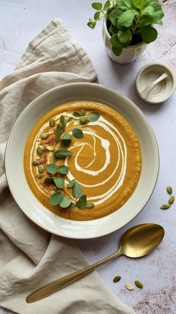 top view of a bowl of Silky Gingered Kabocha Squash Soup garnished with kale