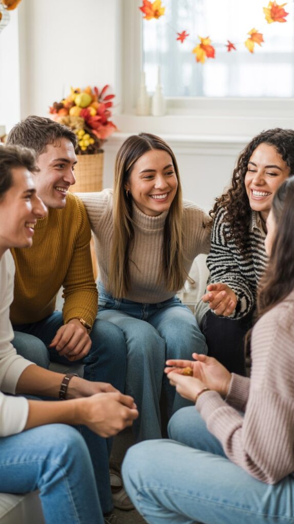 Group of friends sitting in a bright, cozy room taking turns sharing gratitude during a casual Friendsgiving activity surrounded by soft fall decor.