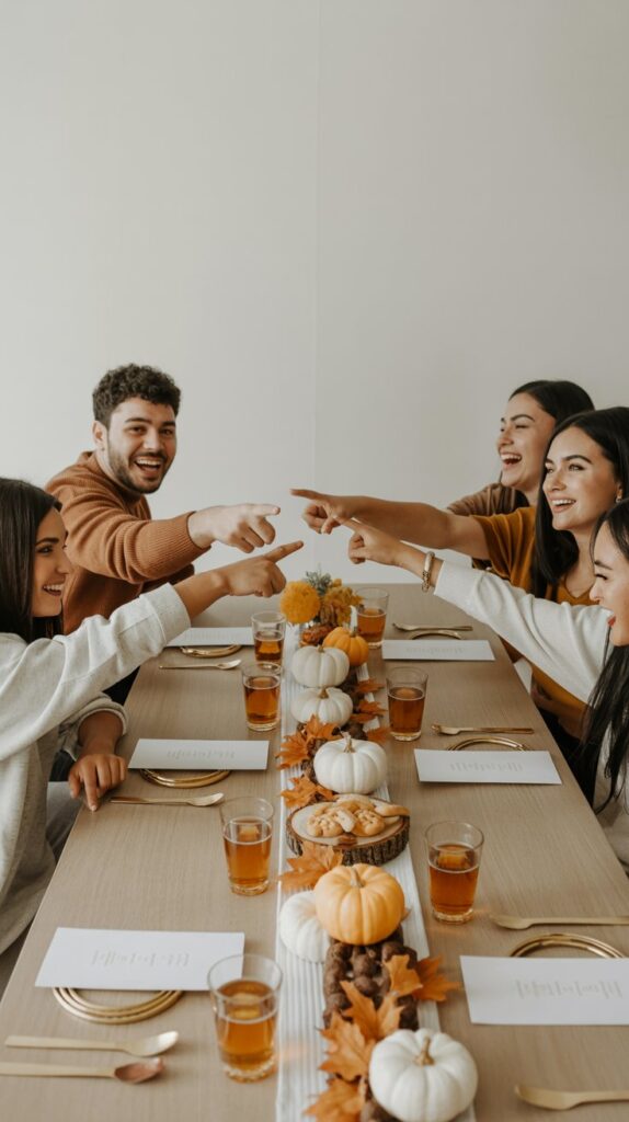 Friends pointing and laughing at each other around a bright, cozy Thanksgiving table decorated with pumpkins and warm accents.