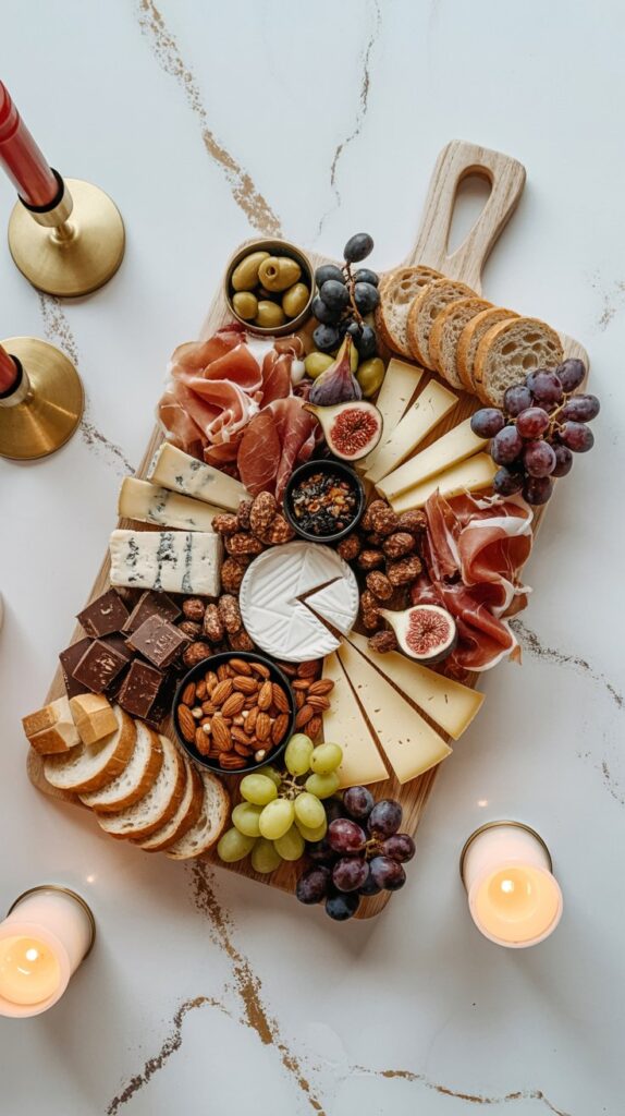 A wine-night themed charcuterie board on a white quartz countertop, filled with prosciutto, aged cheeses, dark chocolate, roasted nuts, olives, sliced bread, figs, and grapes, with soft candlelight and fall touches.