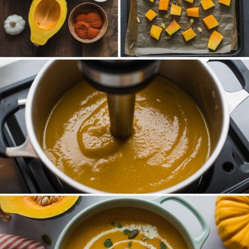 4 images showing the steps to make Acorn and Butternut Squash Soup including halved squash, cubes on a baking sheet, dutch oven with pureed cooked ingredients and a bowl of the final soup.