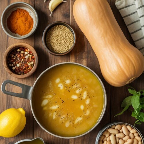 top view of ingredients to make butternut squash and white bean soup includin the squash, spices, and a finished bowl of the soup.