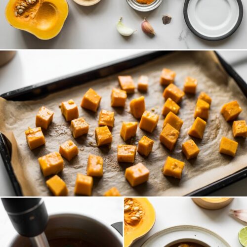 5 images showing the steps to make Butternut Squash & Black Bean Soup including spices, baking sheet of cubed squash, dutch oven with finished cooked ingredients and immersion blends, final bowl of finished soup.