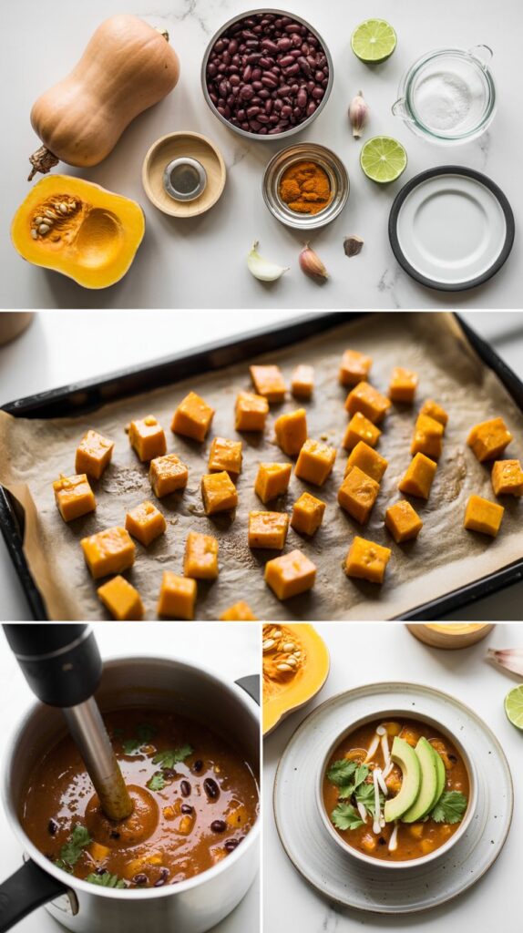 5 images showing the steps to make Butternut Squash & Black Bean Soup including spices, baking sheet of cubed squash, dutch oven with finished cooked ingredients and immersion blends, final bowl of finished soup.