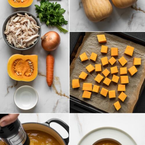 6 images showing steps to make butternut squash chicken soup including squash, spices, baking sheet with cubed squash, dutch oven with cooked squash and immersion blender then a single bowl of soup.