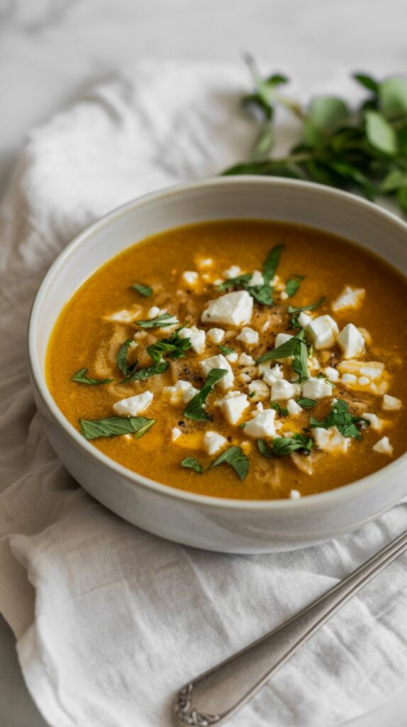 A bowl of butternut squash feta soup on a napkin.
