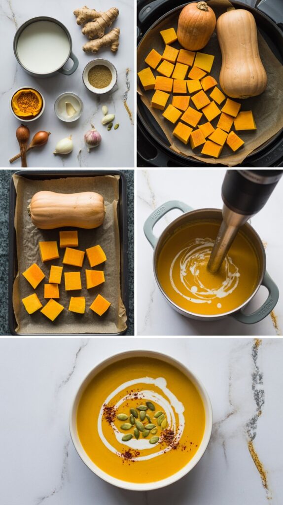 5 images showing the steps to make butternut squash ginger soup including spces, cubed squash, baking on cooking sheet, dutch oven of cooked ingredients with immersion blender, and a serving of soup in a bowl.
