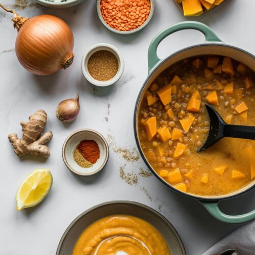 Top view of ingredients and equipment to make butternut squash lentil soup.