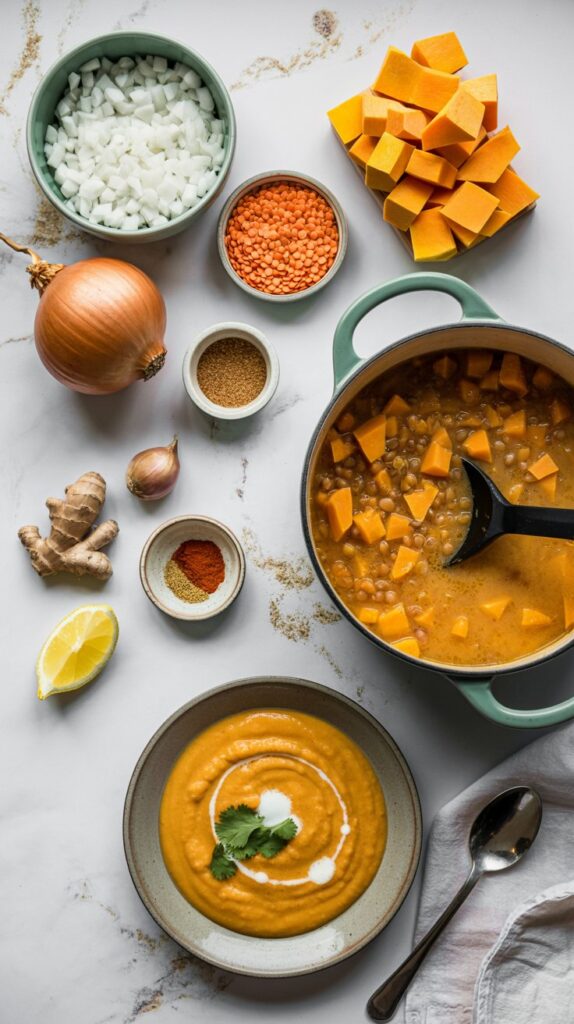 Top view of ingredients and equipment to make butternut squash lentil soup.