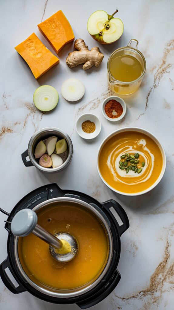Top view of ingredients to make butternut squash soup in an instant pot