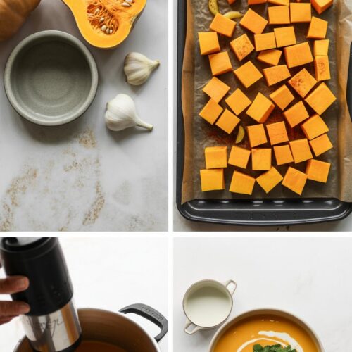 4 images showing steps to make butternut squash soup low cal including 1/2 squash, spices, cubed squash on baking sheet, durch oven with immersion blender, and final serving of soup in a bowl.