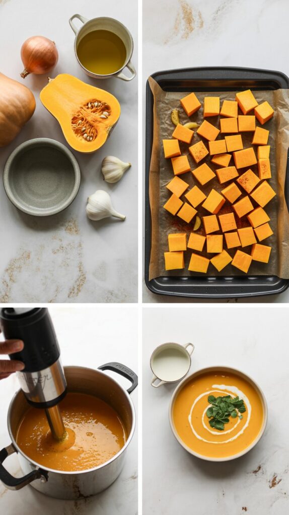 4 images showing steps to make butternut squash soup low cal including 1/2 squash, spices, cubed squash on baking sheet, durch oven with immersion blender, and final serving of soup in a bowl.