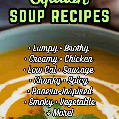 closeup of butternut squash soup with cream swirled in and text "25 butternut squash soup recipes - lumpy, brothy, cresamy, chicken, low cal, sausage, chunky, spicy, panera-inspired, smoky, vegetable and more!"