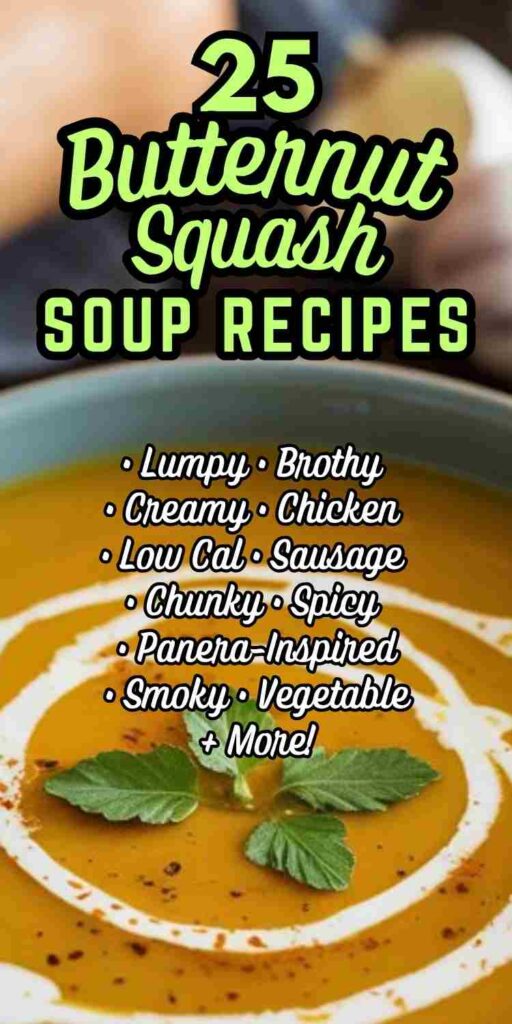closeup of butternut squash soup with cream swirled in and text "25 butternut squash soup recipes - lumpy, brothy, cresamy, chicken, low cal, sausage, chunky, spicy, panera-inspired, smoky, vegetable and more!"