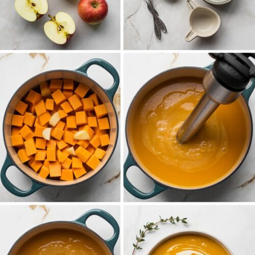 6 images showing steps to make butternut squash soup with apples including the squash, spices, dutch oven before cooked, dutch oven after cooked with immersion blender, blended in dutch oven, and a single serving of finished soup.