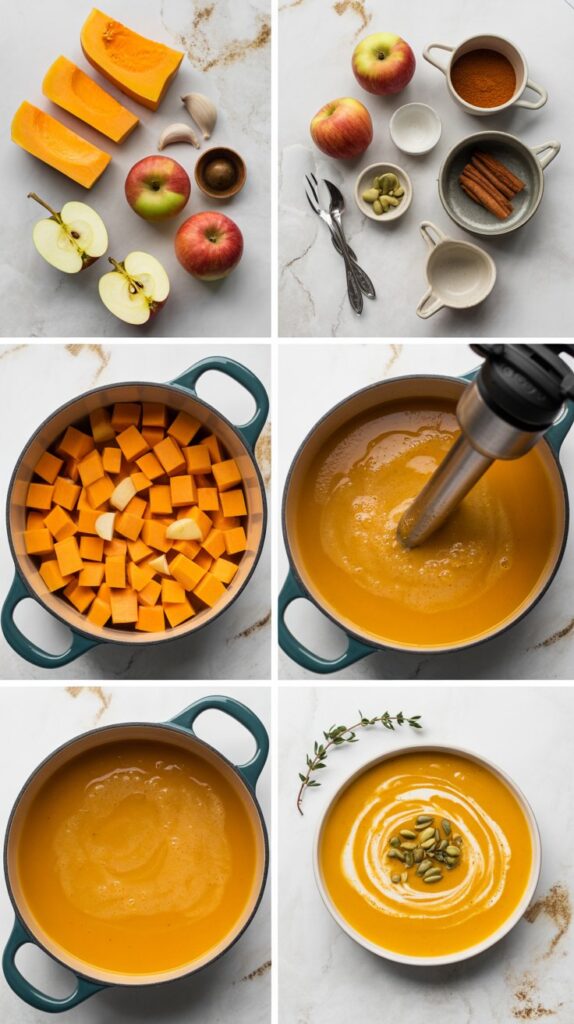 6 images showing steps to make butternut squash soup with apples including the squash, spices, dutch oven before cooked, dutch oven after cooked with immersion blender, blended in dutch oven, and a single serving of finished soup.