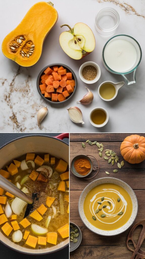 3 images showing steps to make copycat panera butternut squash soup including 1/2 squash and spices, a dutch oven filled with the cooked ingredients and a serving of soup in a bowl.
