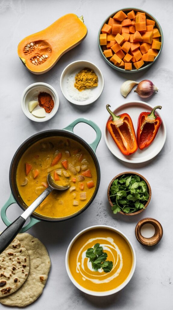 A top view of ingredients to make curry butternut squash soup including squash cut in half, spices, a bowl of finished soup and a dutch oven of the soup with immersion blender immersed.