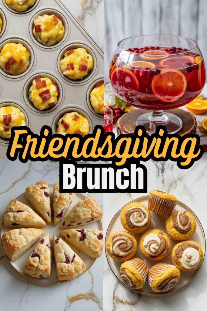 a collage of 4 different brunch ideas including bacon egg bites, punch, cranberry scones, and pumpkin muffins. text reads "Friendsgiving Brunch Guide"