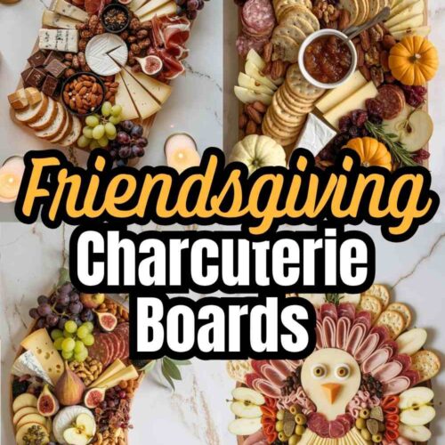 a collage of 4 different friendsgiving charcuterie board styles and text "Friendsgiving Charcuterie Board Ideas"