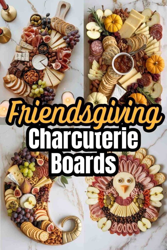 a collage of 4 different friendsgiving charcuterie board styles and text "Friendsgiving Charcuterie Board Ideas"