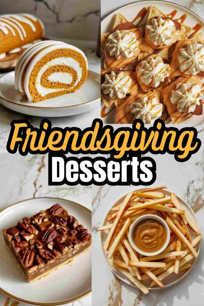 collage of 4 different friendsgiving desserts including pumpkin cake roll, pumpkin dessert nachos, pecan pie bars, and apple pie frieswith text "friendsgiving dessert ideas"