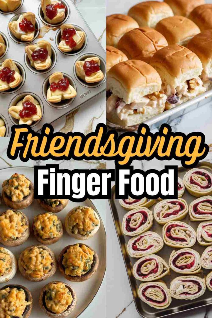 A collage of 4 different finger food ideas for friendsgiving including cranberry brie bits, pinwheels, stuffed meatballs, and chicken cranberry sliders with text "Friendsgiving Finger Food"