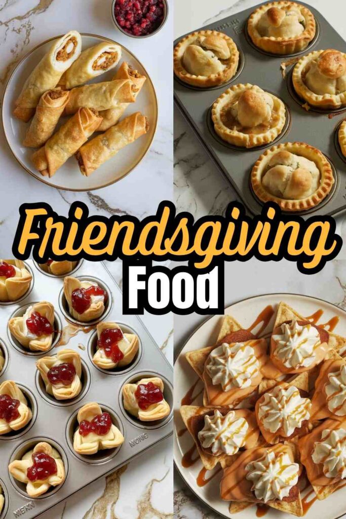 a collage of 4 different Friendsgiving recipes including Turkey Egg Rolls, Mini Turkey Pot Pies, Cranberry Brie Puff Pastry Bites, and Sweet Potato Dessert Nachos, text reads "Friendsgiving food"