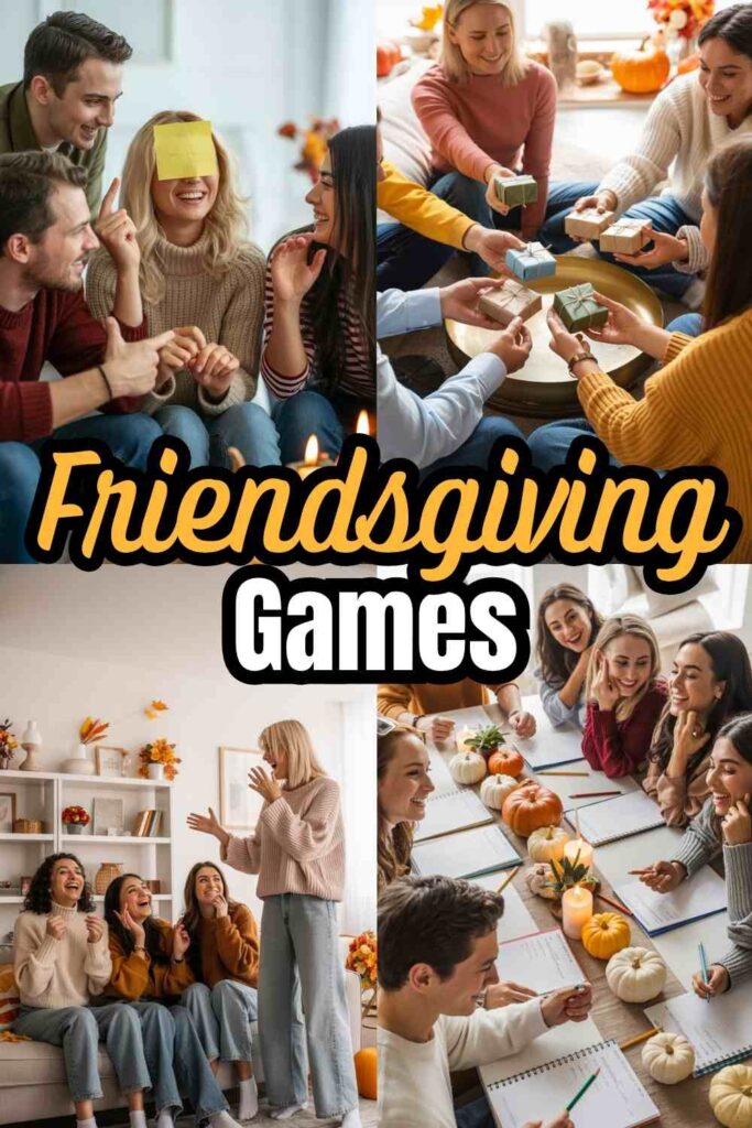 a collage of 4 photos showing groups of friends playing various games text reads "Friendsgiving Game Ideas"
