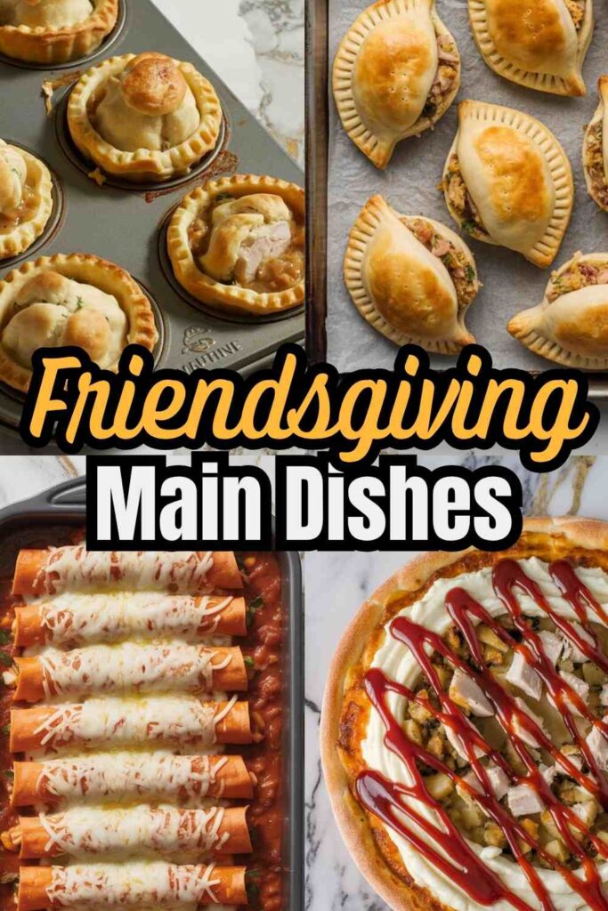 a collage of 4 different friendsgiving main dish recipes and text "Friendsgiving Main Dishes"