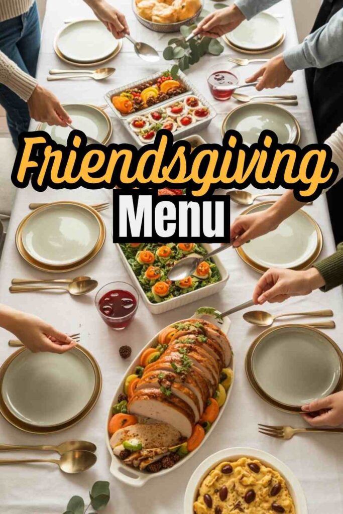 an elaborate friendsgiving spread of food on a long table with people reaching in to fill their plates text reads "Friendsgiving Menu"