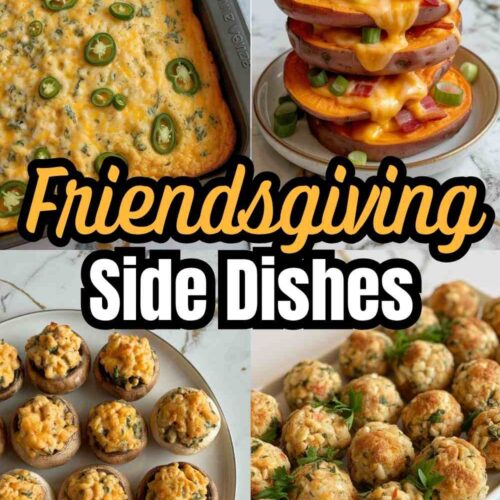 a collage of 4 different friendsgiving side dish recipes and text "Friendsgiving Side Dishes"