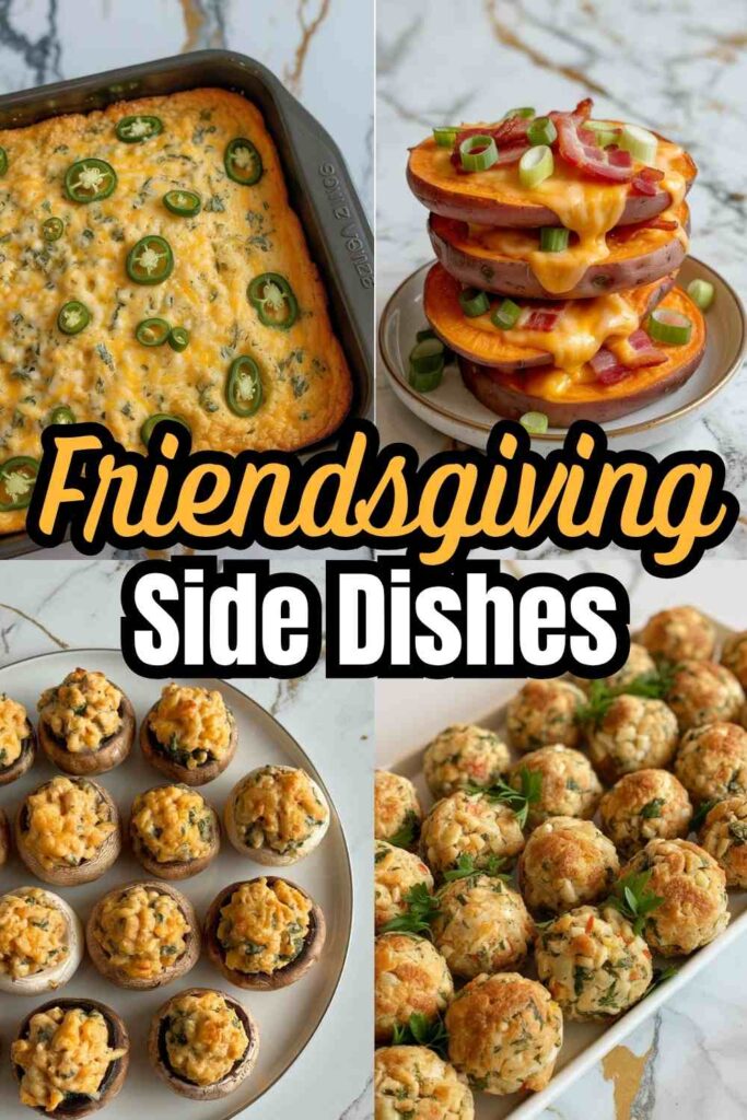 a collage of 4 different friendsgiving side dish recipes and text "Friendsgiving Side Dishes"