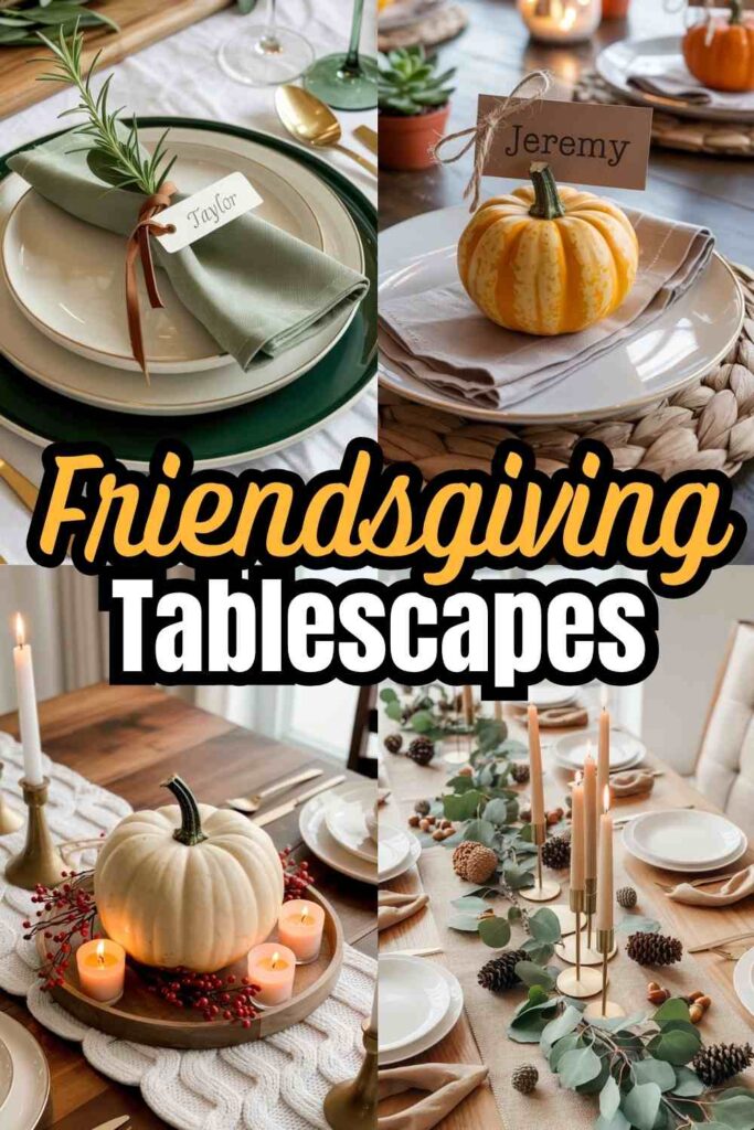a collage of 4 different table decor styles for friendsgiving with text "Friendsgiving Tablescape Ideas"