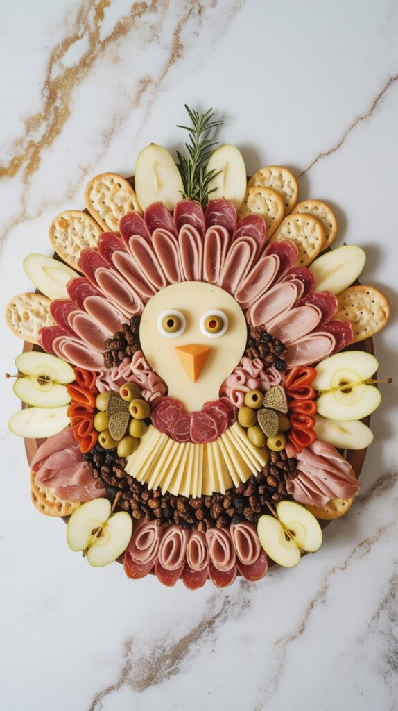A turkey-shaped Friendsgiving charcuterie board on a white quartz surface, with meats, cheeses, apple slices, crackers, olives, and herbs arranged in the shape of a turkey.