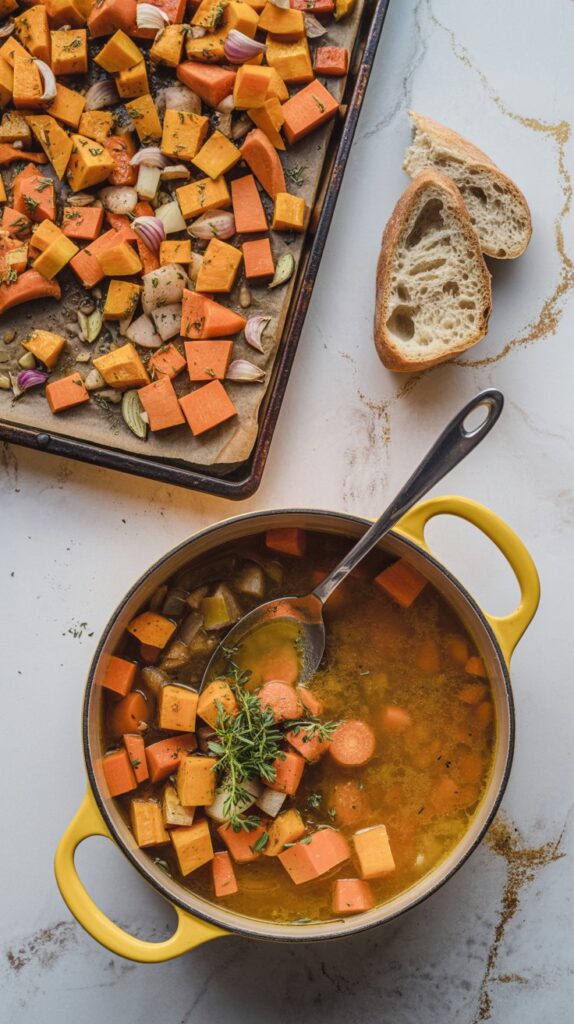 A top view of a pan of cubed butternut squash and pan of roasted butternut squash soup with spoon inside.