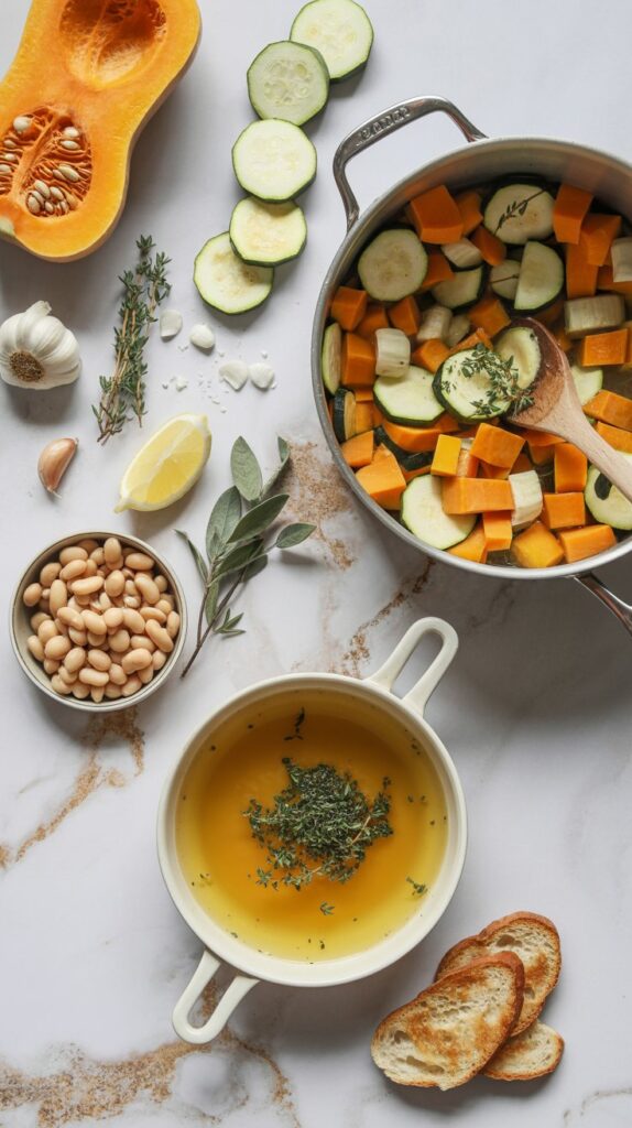 Top view of ingredients to make zucchini and squash soup and large pan of completed soup with one serving in a bowl.
