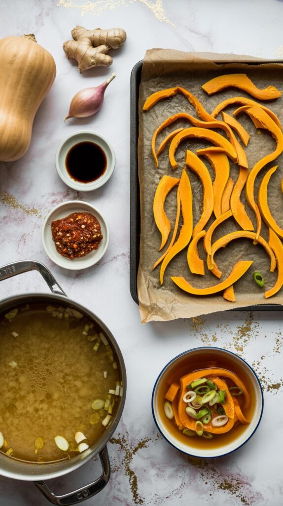 Top view of ingredients to make spicy butternut squash soup including spices, butternut squash, curls of the squash on a baking sheet, large pan of completed soup and a bowl of soup.