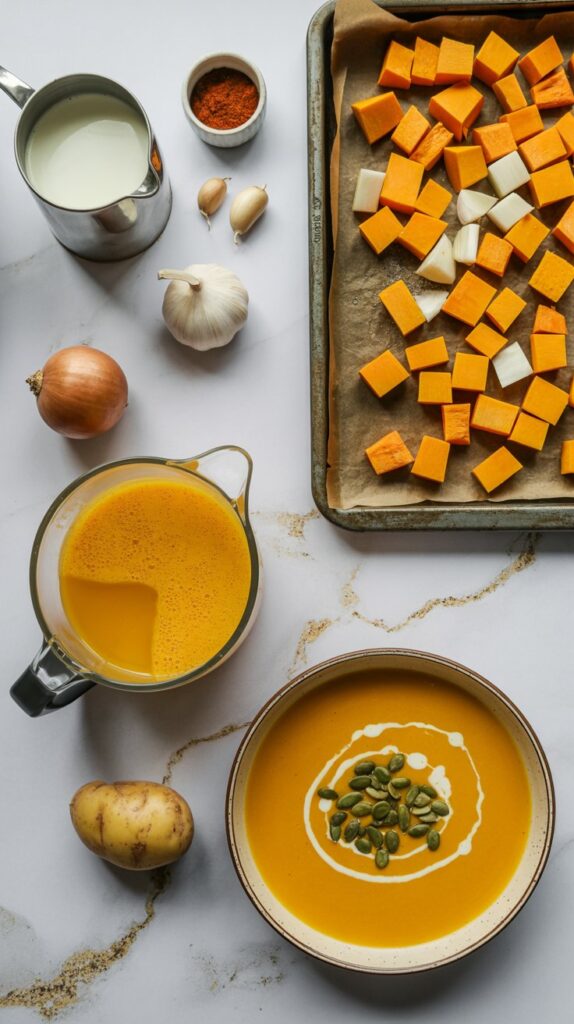 Cubed butternut squash on a baking sheet along with other soup ingredients and a finished bowl of squash and potato soup.
