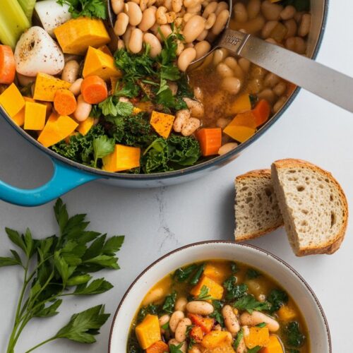 Top view of a dutch oven filled with vegetable and squash soup with a bowl of same beside slided bread.