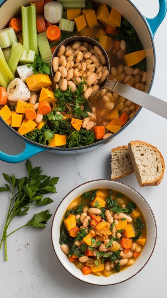 Top view of a dutch oven filled with vegetable and squash soup with a bowl of same beside slided bread.