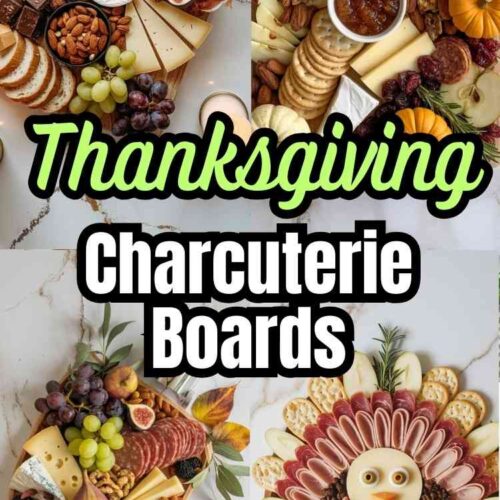 4 different thanksgiving charcuterie board designs and text "Thanksgiving Charcuterie Boards"