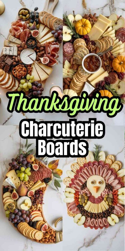 4 different thanksgiving charcuterie board designs and text "Thanksgiving Charcuterie Boards"