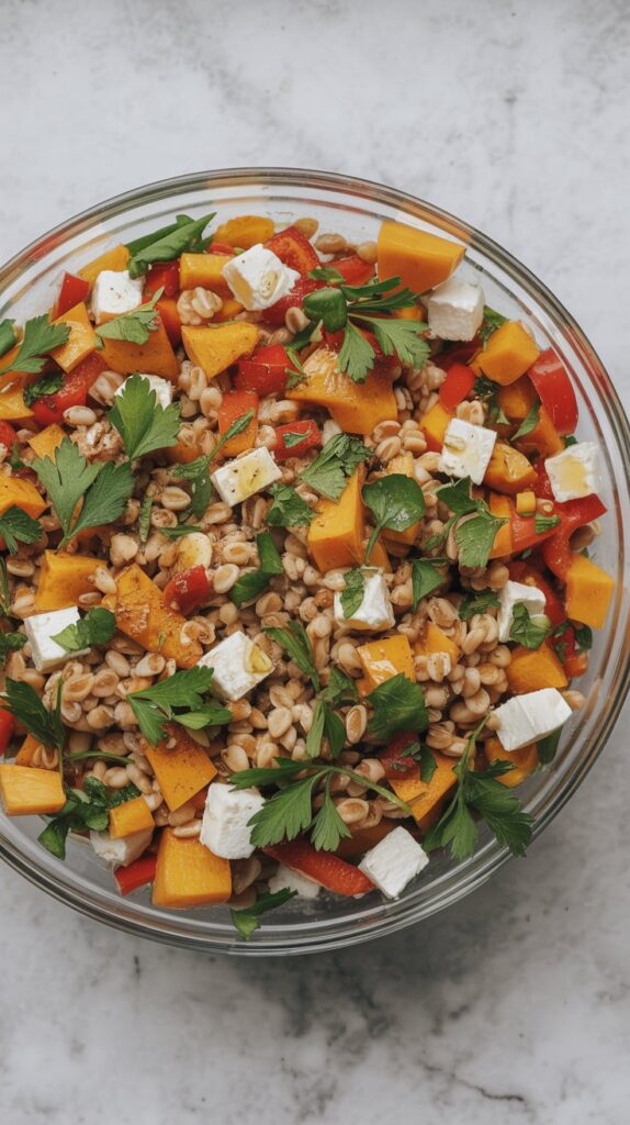 Overhead photo of farro salad with roasted squash, red pepper, feta, and parsley in a glass bowl.