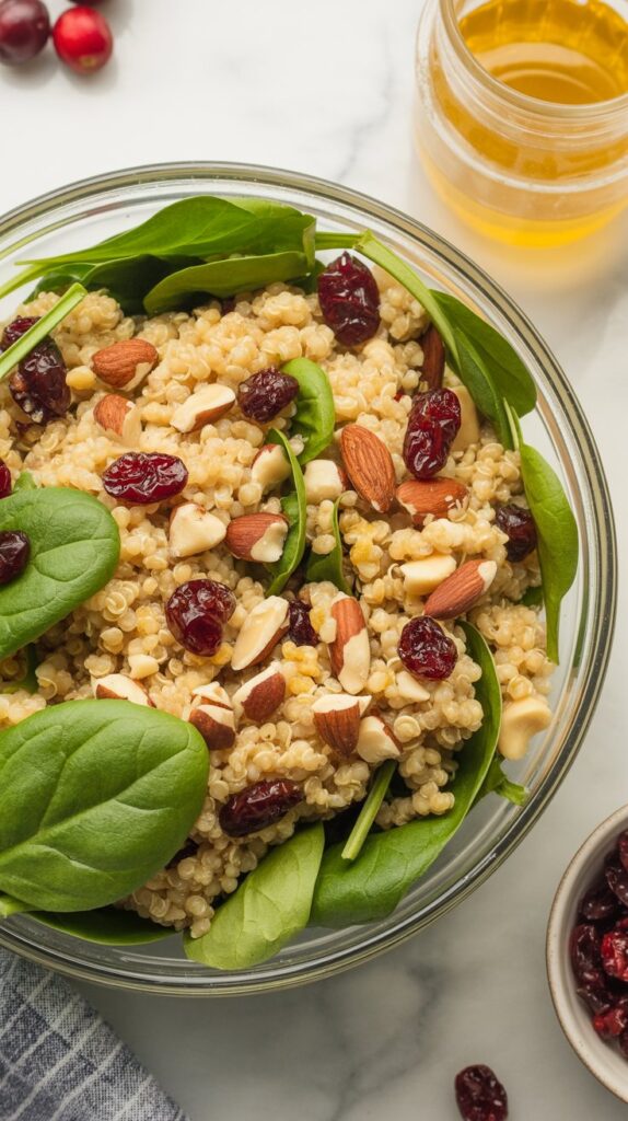 Overhead photo of quinoa salad with cranberries, nuts, and spinach in a glass bowl.