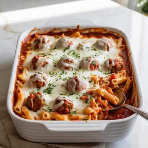 Baked ziti with meatballs in a white casserole dish, marinara saucy and melty cheese on top
