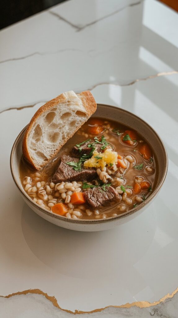 A shallow bowl of beef and barley soup with chunks of beef, visible barley, carrots, and broth, topped with fresh parsley and lemon zest. A slice of crusty bread rests on the side. Set on a white quartz countertop with soft natural light and no clutter.
