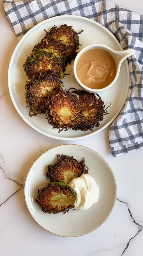 Overhead view of a white serving plate stacked with crispy brussels sprout latkes and a small bowl of maple sour cream, centered on a white quartz countertop.